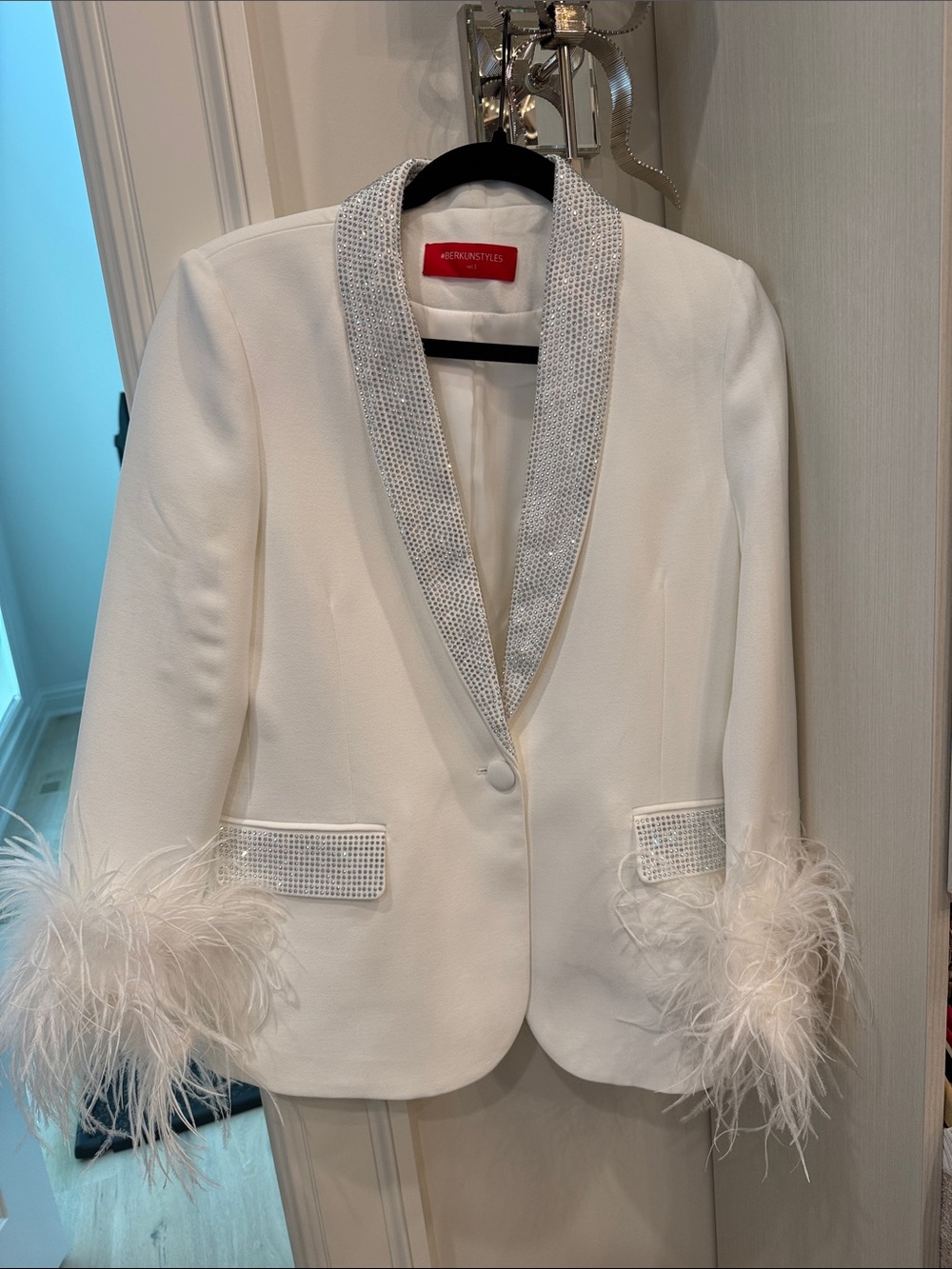 White Feather-Trim Blazer with Crystal-Embellished Shawl Collar